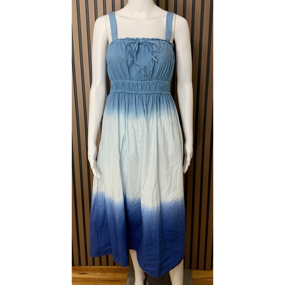 J.Crew Blue Ombre Dip Dye Smocked Waist Midi Dress Sleeveless Pockets Small